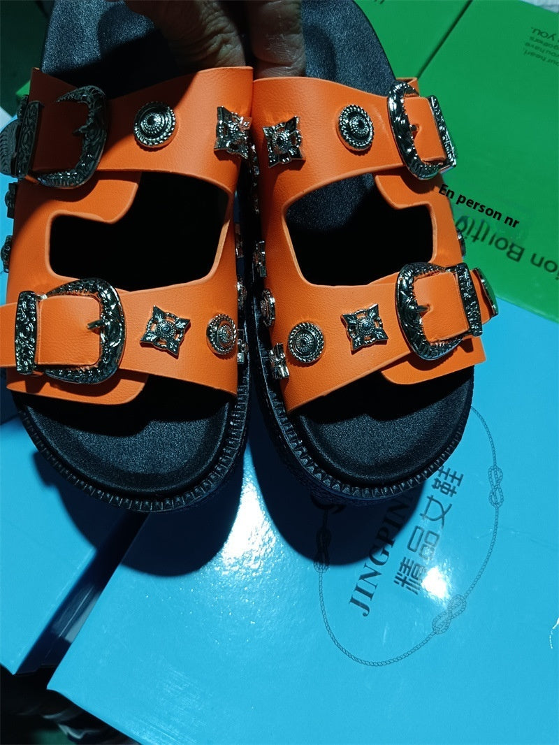 Wendy – Modische Plus-Size Python Leopard Nieten Slipper