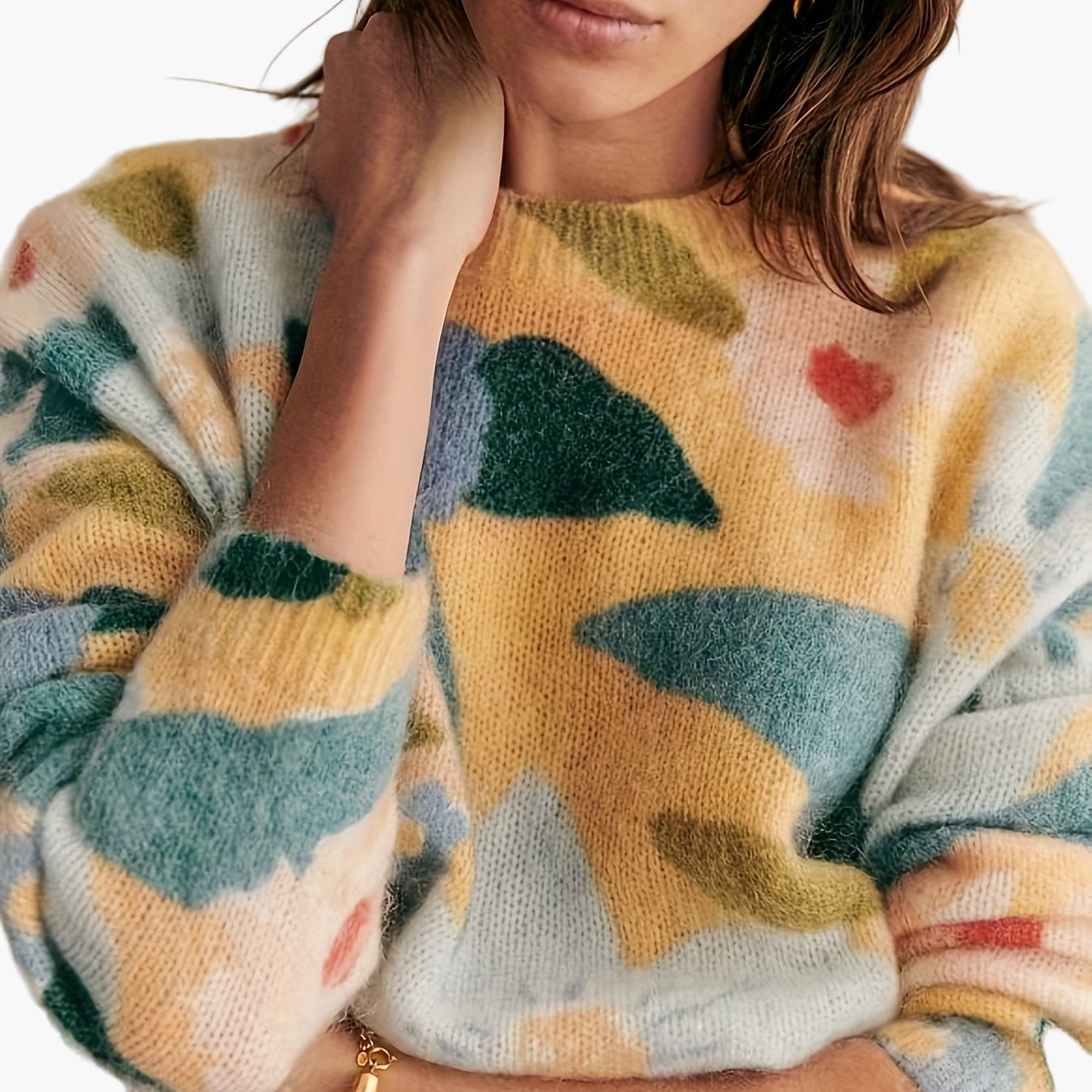 Damen Pullover mit floralem Print und modernem Colorblock-Design – Eleganter Strick für Herbst und Winter