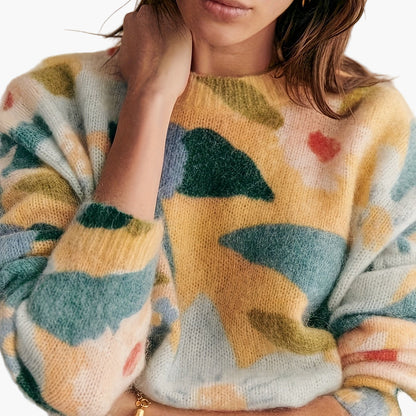 Damen Pullover mit floralem Print und modernem Colorblock-Design – Eleganter Strick für Herbst und Winter