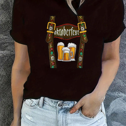 Damen Oktoberfest T-Shirt mit Bier Print – Lockeres Festivalshirt für Volksfeste & Partys