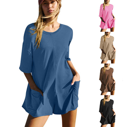 Katie – Lässiger Kurzarm-Jumpsuit mit Taschen und Rundhalsausschnitt für Damen