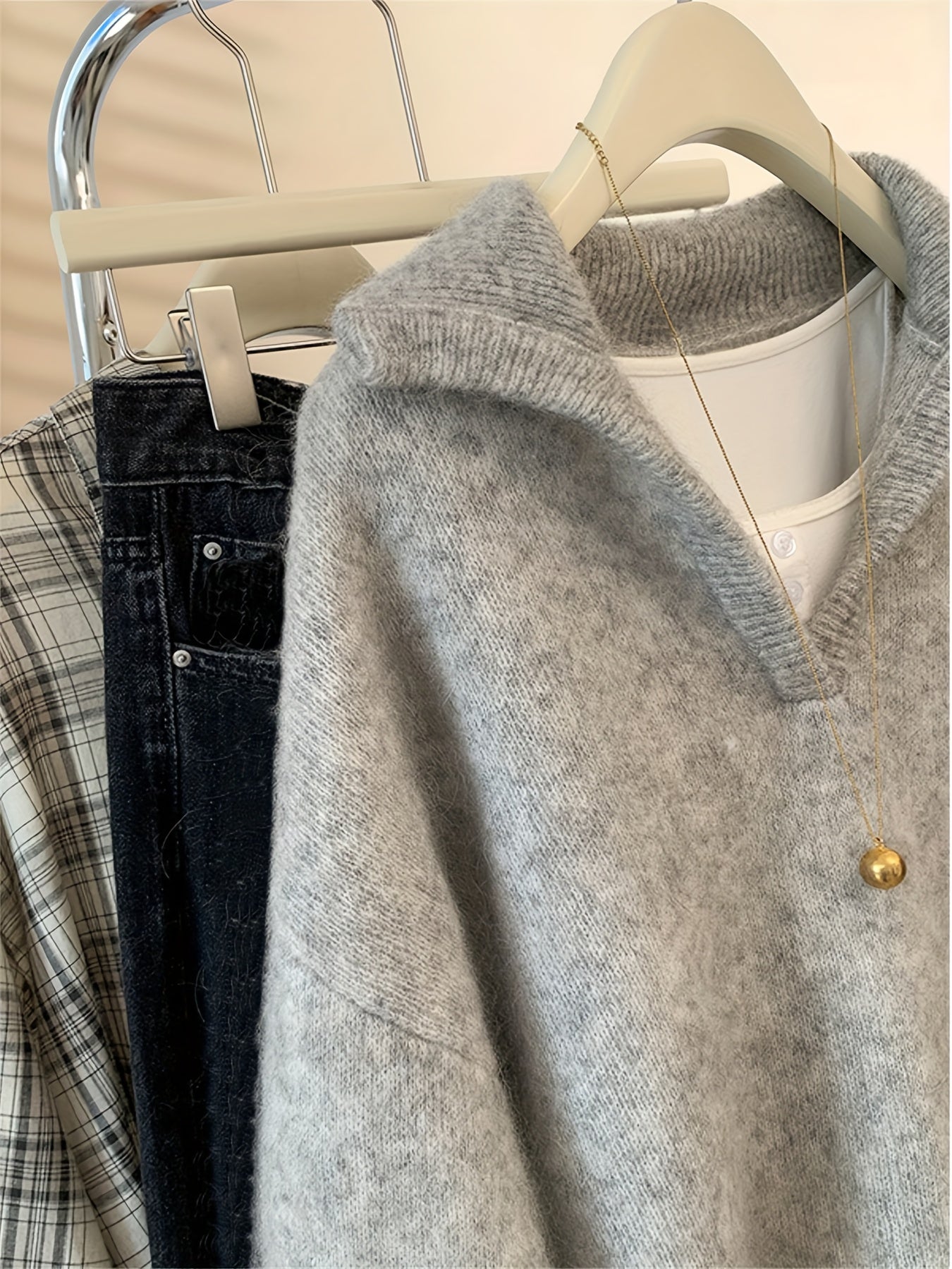 Damen Vintage Strickpullover mit V-Ausschnitt – Bequemer Herbst/Winter Freizeitpullover