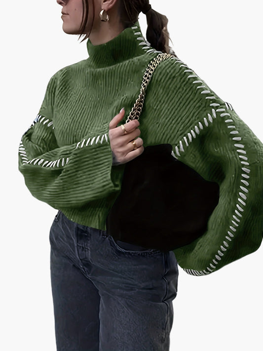 Damen Oversize Strickpullover mit Ziernähten und hohem Kragen – Modischer Herbst/Winter Sweater für trendbewusste Outfits