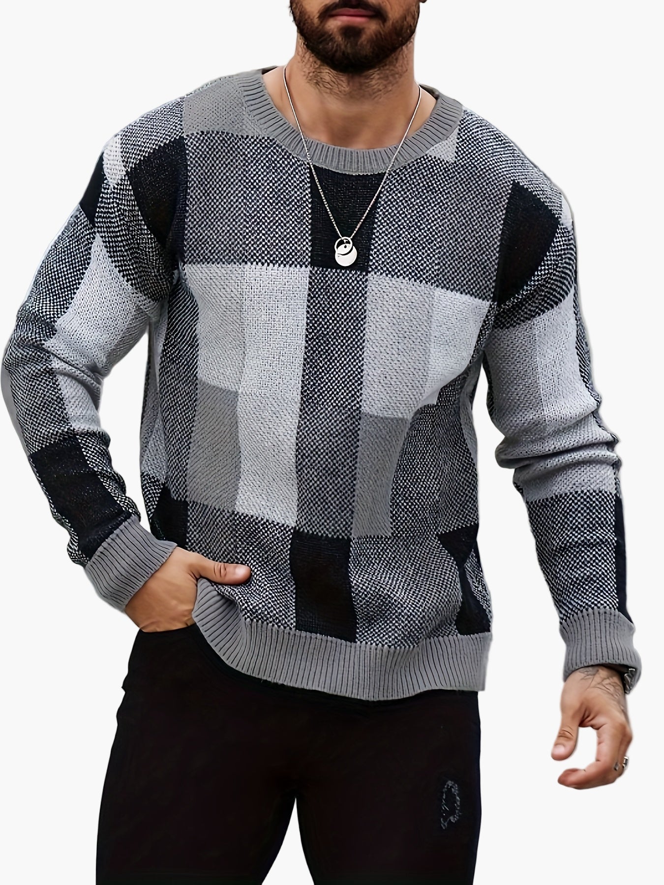 Herren Pullover Kariert Lässig Herbst/Winter – Moderner Rundhals Strickpullover für Alltag & Freizeit