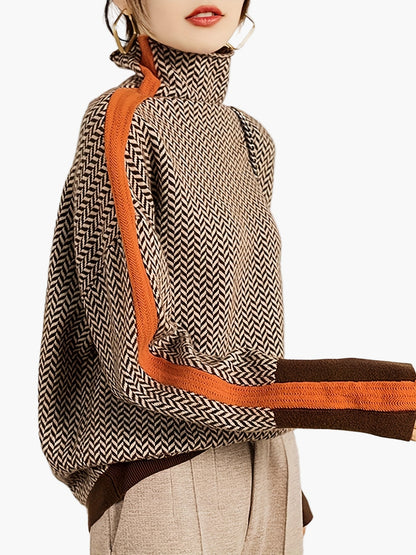 Damen Eleganter Patchwork Strickpullover mit Stehkragen – Modischer Herbst/Winter Alltagslook