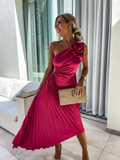 Damen One-Shoulder Plissee Cocktailkleid mit Blumenapplikation – Elegantes Asymmetrisches Abendkleid für Feste & Events