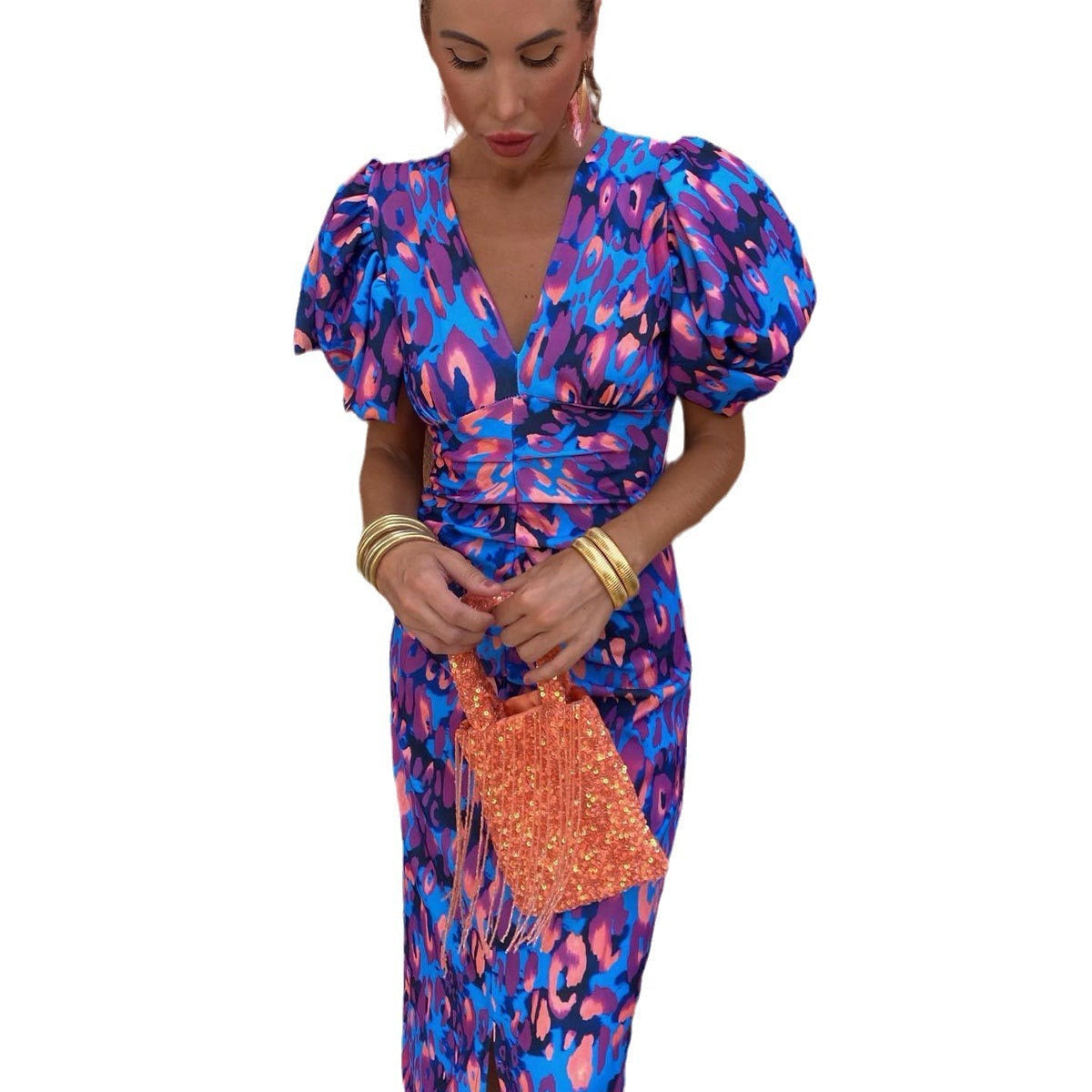 Damen Midikleid mit Puffärmeln und modischem Animal-Print – Elegantes Sommerkleid für besondere Anlässe