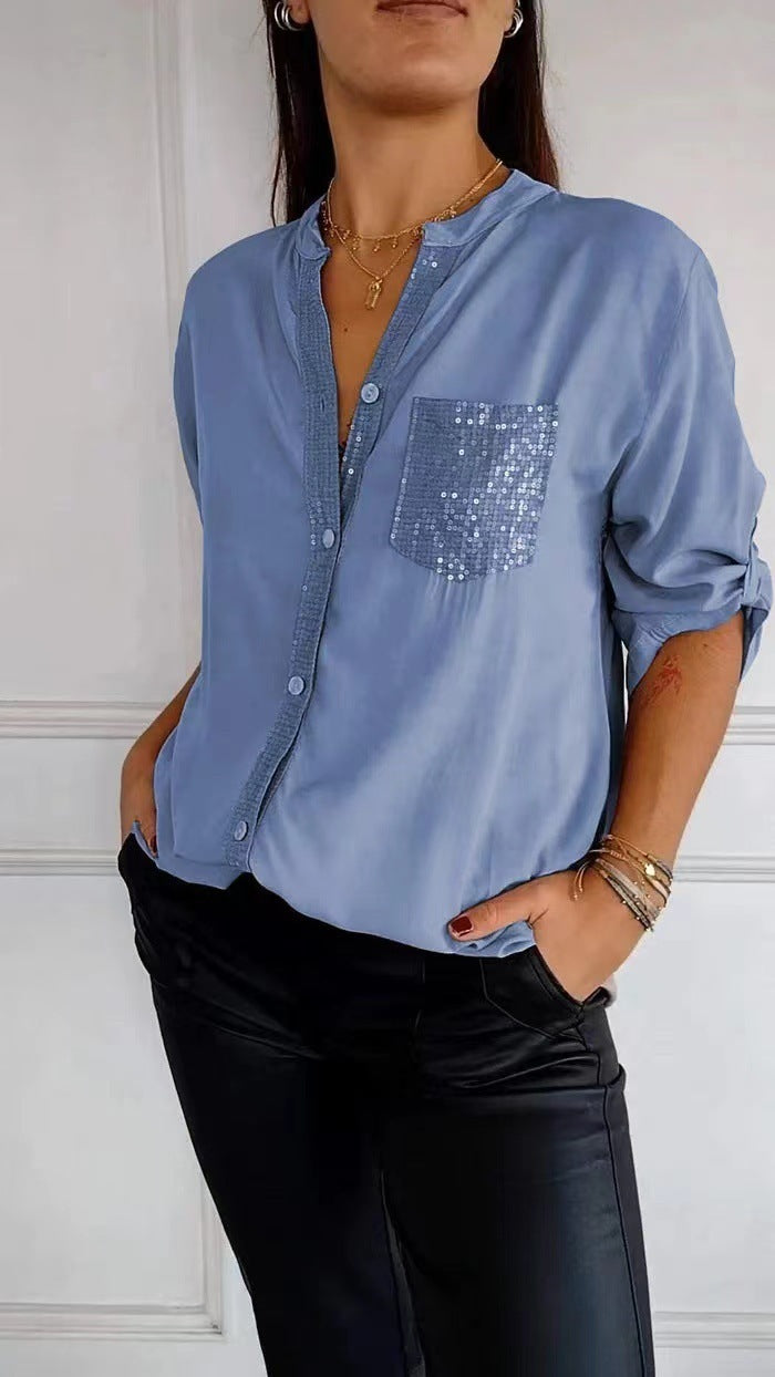Carol – Lässiges Button-Down Langarmshirt mit Pailletten-Taschen Design