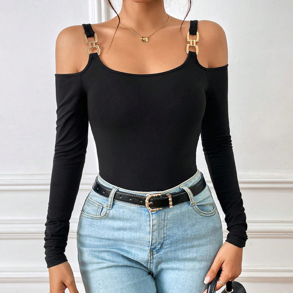 Amy – Einfaches Off-Shoulder Top mit Metallhaken und langen Ärmeln für Damen