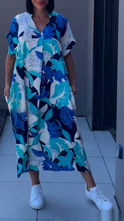 Francesca – Lockeres V-Ausschnitt Kleid mit einfachem Druck