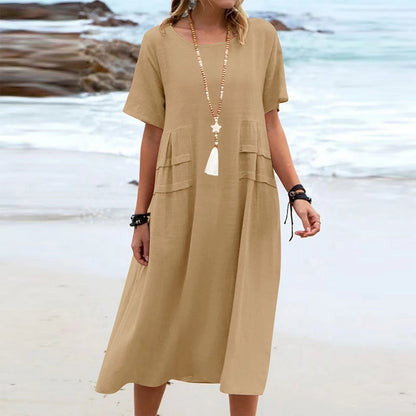 Lucy – Lässiges Midi-Kleid aus atmungsaktiver Baumwolle und Leinen mit kurzen Ärmeln