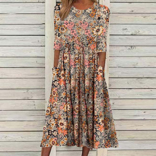 Betty – Langes bedrucktes Kleid mit lockeren Taschen