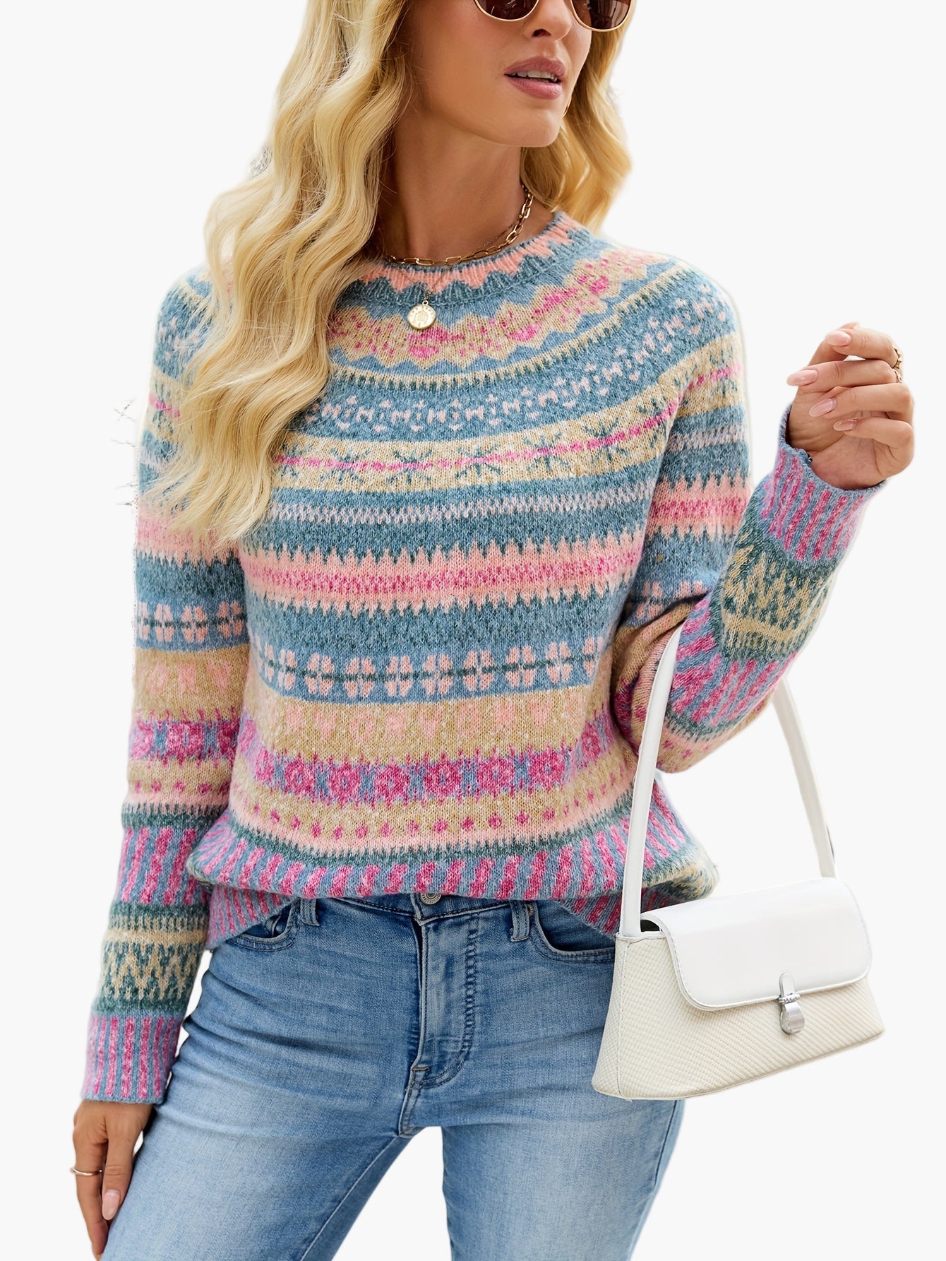 Damen Pullover im Norwegerstil mit Rundhalsausschnitt – Modischer Strickpullover für Herbst und Winter