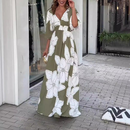 Damen Maxikleid Elegant Blumendruck Sommer Boho Stil für Freizeit und Urlaub