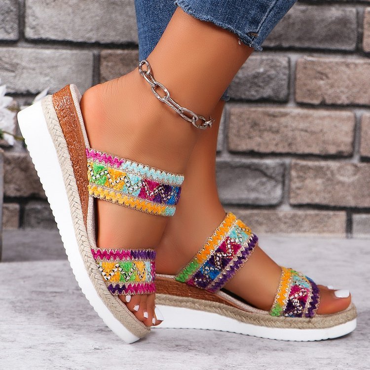 Robyn – Wellenmuster Woven Sandalen im Sommer, lässige ethnische Stil Riemchenschuhe mit Leinenboden und breiten Keilriemen für Frauen