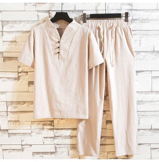 Herren Leinen Sommeranzug Set – Lässiges zweiteiliges Outfit mit Kurzarmhemd und Hose – Ideal für Freizeit & Alltag