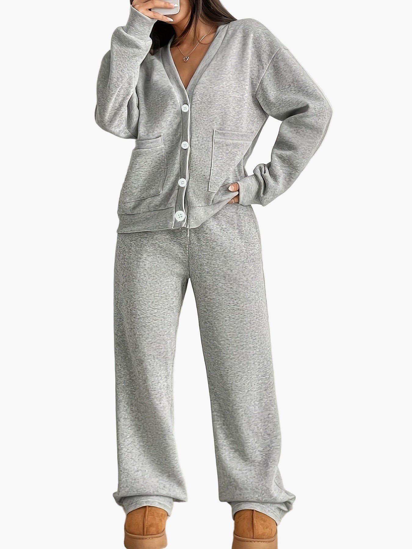 Damen Loungewear Set – Bequemes Freizeit Hausanzug mit Knopfleiste für Zuhause und Alltag