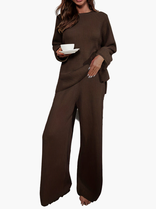 Damen Loungewear Set Zweiteilig Freizeit Strick-Look für Herbst und Winter