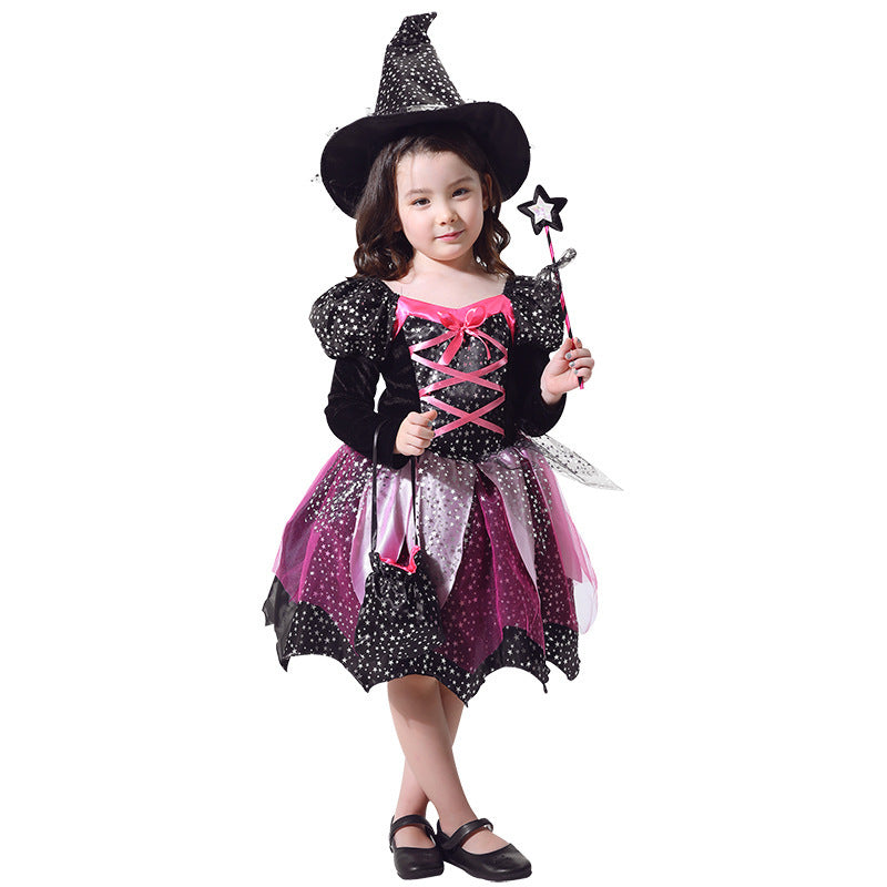 Kinder Halloween Hexenkostüm Set mit Hut, Kleid, Zauberstab und Tasche – Perfekt für Halloween-Partys und Trick-or-Treat