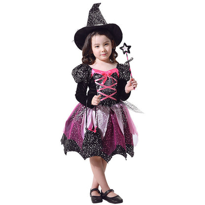 Kinder Halloween Hexenkostüm Set mit Hut, Kleid, Zauberstab und Tasche – Perfekt für Halloween-Partys und Trick-or-Treat