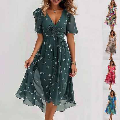 Luftiges Sommerkleid Damen – Wickelkleid mit Blumenmuster und V-Ausschnitt – Midi Kleid für Urlaub, Strand & Freizeit
