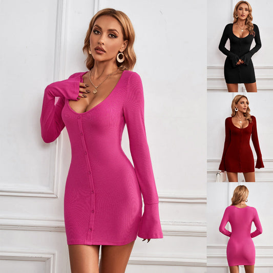 Adele – Sexy Schmal Geschnittenes Kurzkleid mit U-Ausschnitt und Langem Ärmel