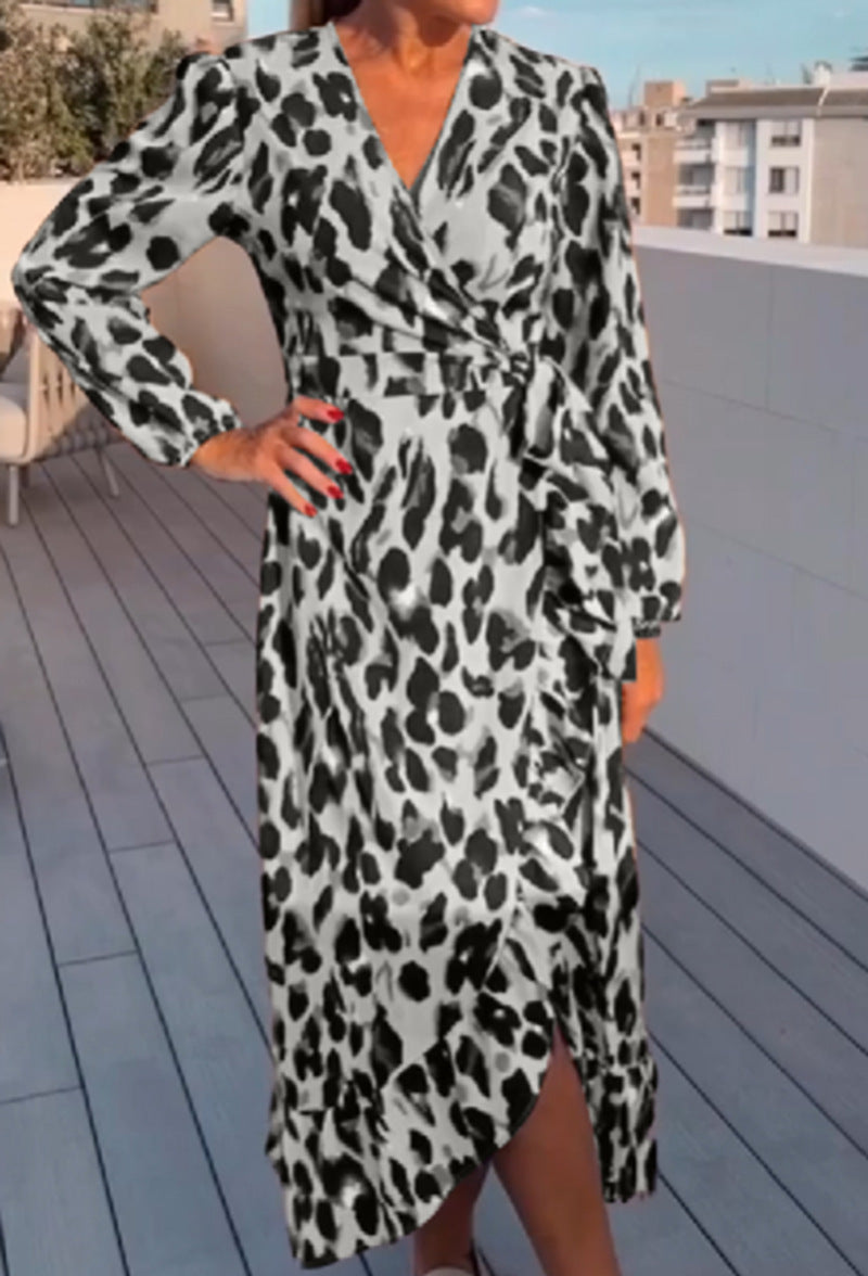 Julia – Sexy V-Ausschnitt Leopardenmuster Langarmkleid