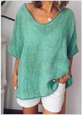 Damen Sommer Leinen Tunika Bluse – Lockere Kurzarm Oversize Freizeittop