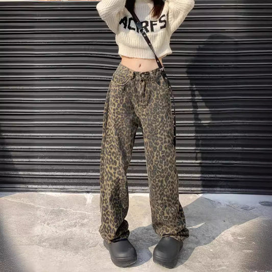 Christine – Leopardenmuster Weite Jeans mit lässigem Schnitt