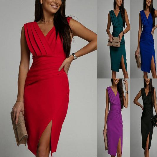 Marion – Ärmelloses Hochgeschnittenes Kleid mit V-Ausschnitt