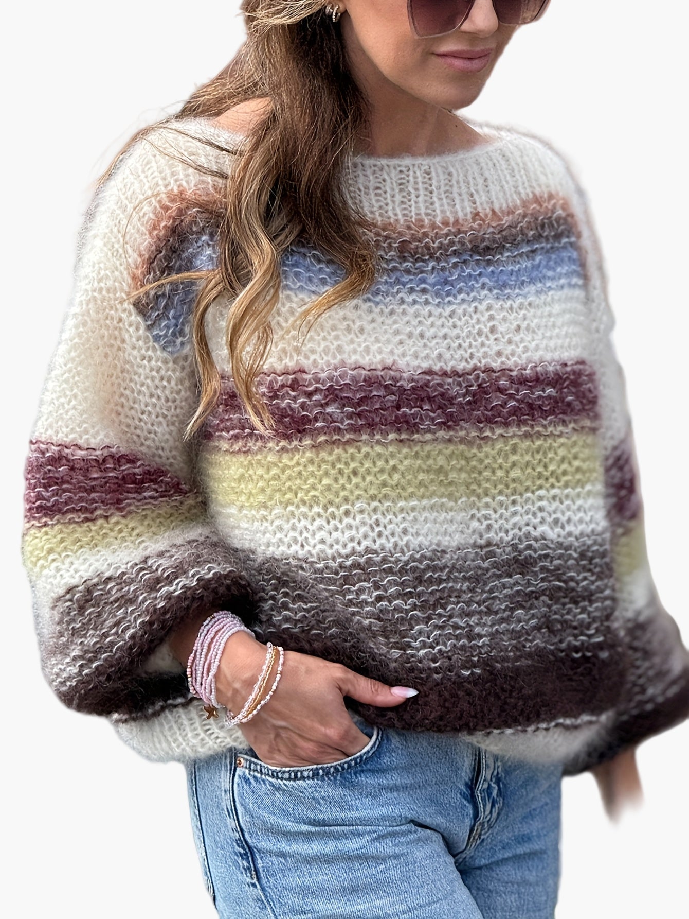 Damen Pullover Elegant Gestreift Strickpullover für Herbst/Winter Freizeit