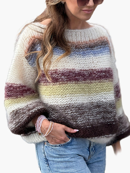 Damen Pullover Elegant Gestreift Strickpullover für Herbst/Winter Freizeit