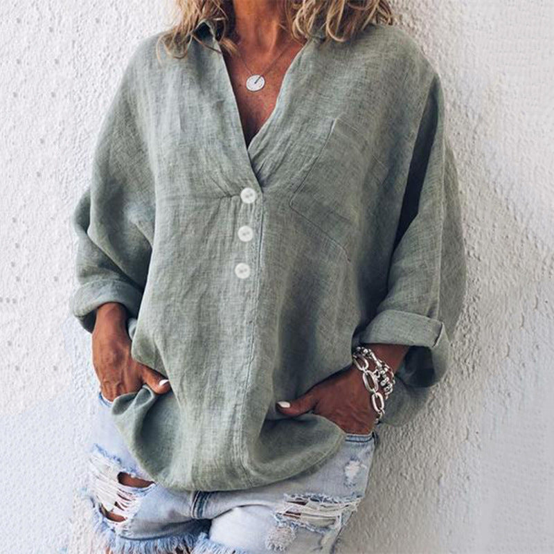 Ruby – Langärmlige Bluse aus Premium-Veganleinen mit V-Ausschnitt
