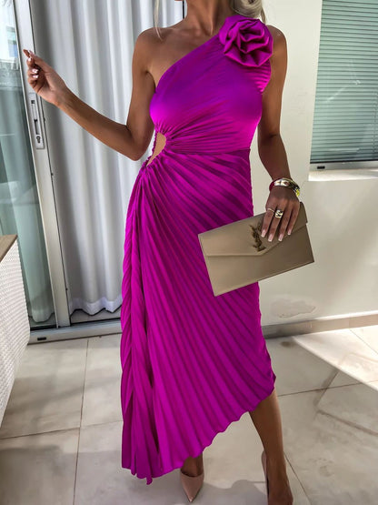 Damen One-Shoulder Plissee Cocktailkleid mit Blumenapplikation – Elegantes Asymmetrisches Abendkleid für Feste & Events
