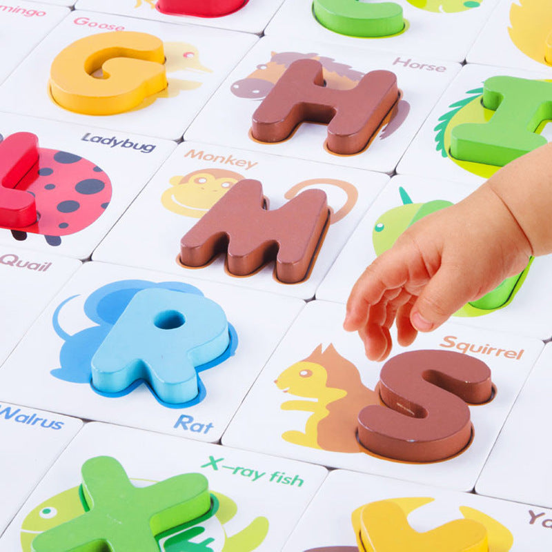 Kinder Lernspielzeug Alphabet Holzbuchstaben und Karten, Pädagogisches Puzzle für Jungen und Mädchen, ab 3 Jahren