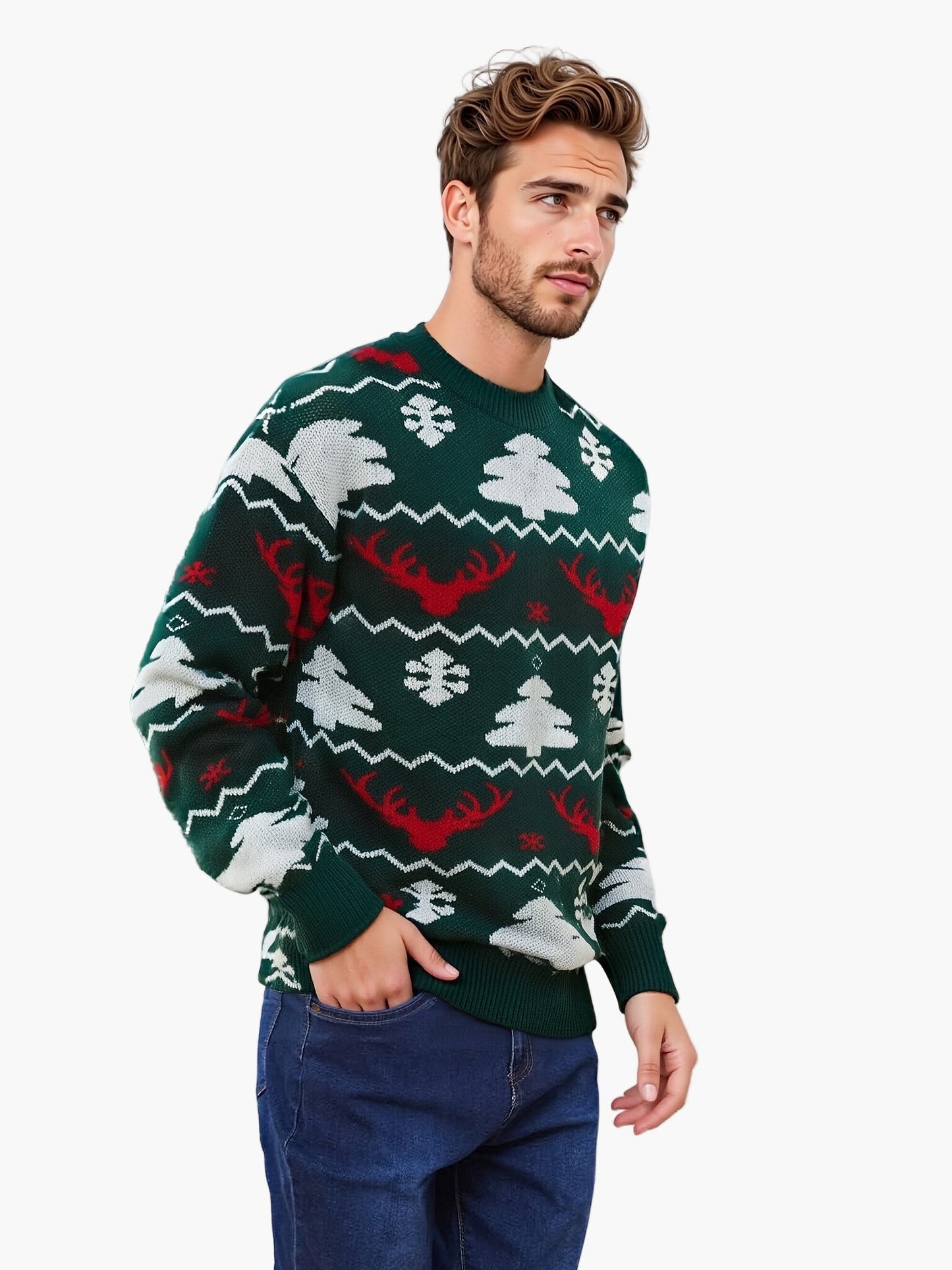 Herren Weihnachts-Pullover mit Rentier- und Tannenbaum-Muster für festliche Anlässe