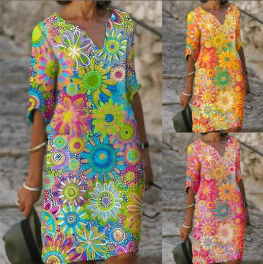 Patricia – Modisches Print-Kleid im Temperament-Blau