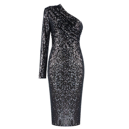 Audrey – Einseitiges Kleid mit schrägem Kragen und Pailletten für den Abend