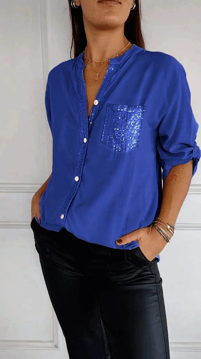 Carol – Lässiges Button-Down Langarmshirt mit Pailletten-Taschen Design