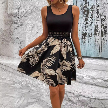 Angela – Elegantes Damenkleid mit tropischem Druck und Spitze