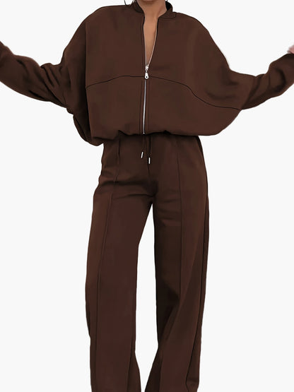 Damen Freizeit-Zweiteiler Set mit Stehkragen und weitem Bein – Sportlich & Bequem für Alltag und Reisen