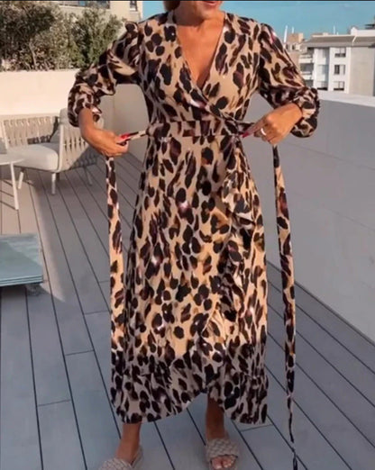 Julia – Sexy V-Ausschnitt Leopardenmuster Langarmkleid