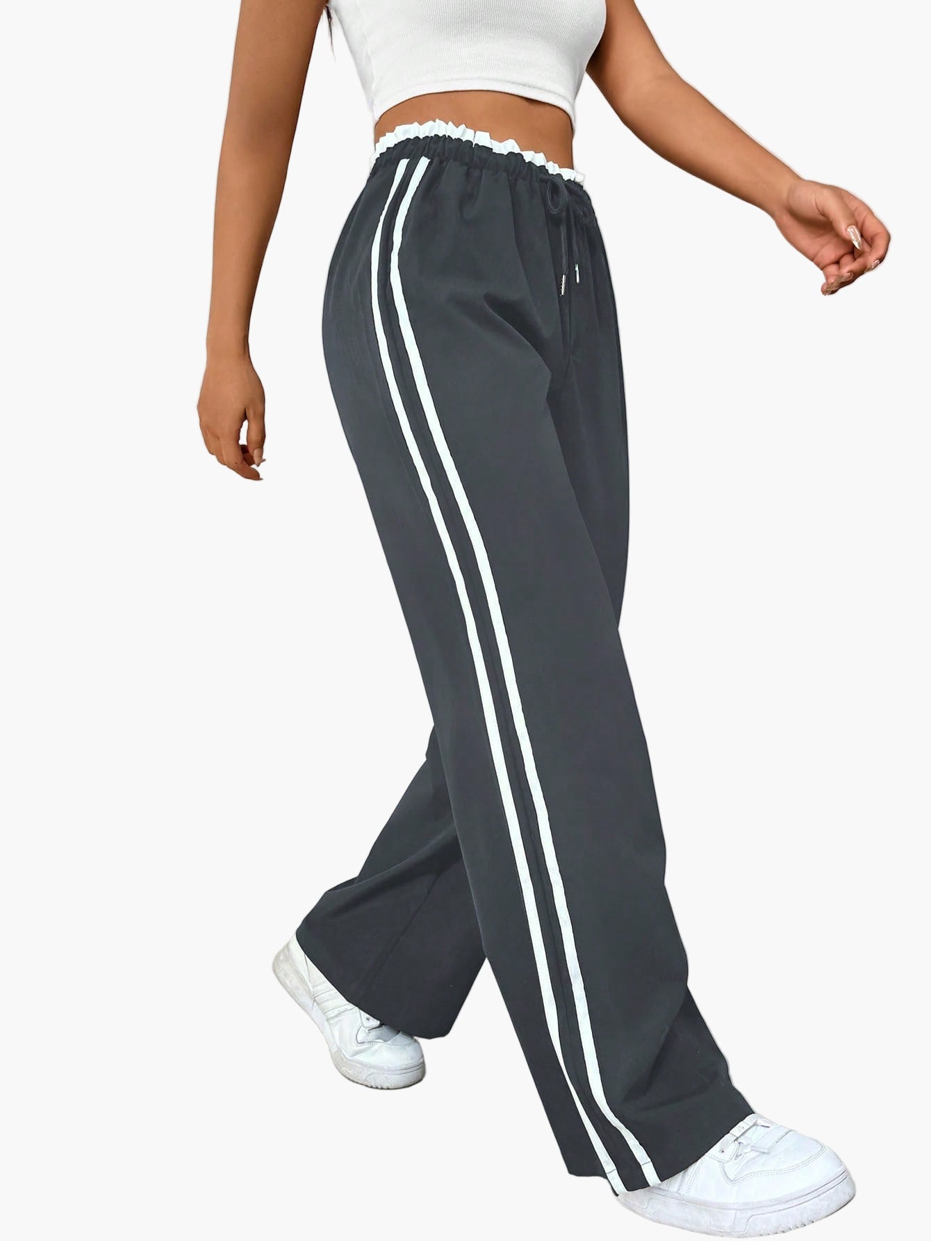 Damen Sportliche Wide-Leg Jogginghose mit Doppelstreifen – Bequeme Streetwear Freizeithose