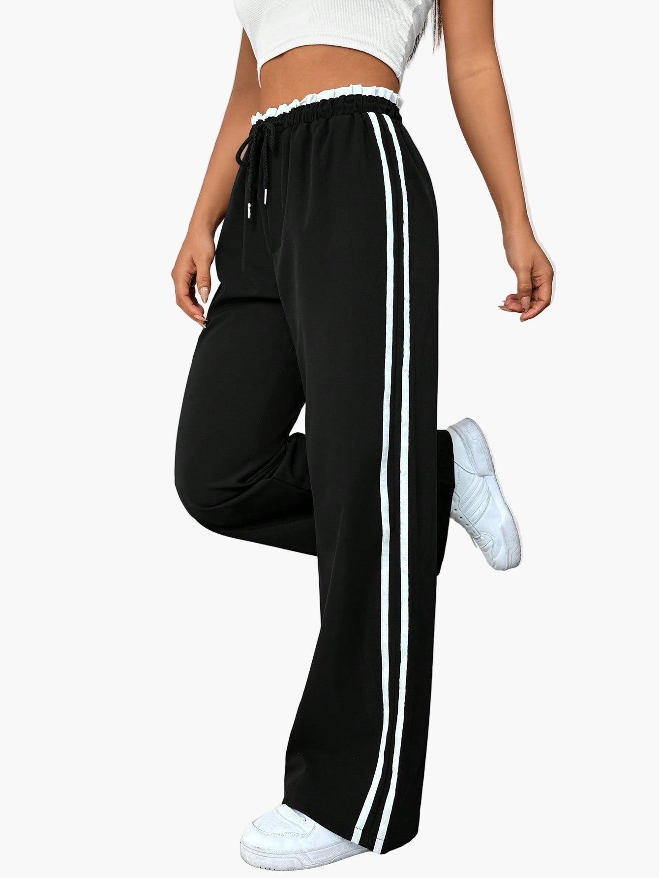 Damen Sportliche Wide-Leg Jogginghose mit Doppelstreifen – Bequeme Streetwear Freizeithose