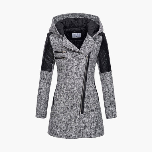 Damen Winter Mantel mit Kapuze – Modischer Tweed Kurzmantel mit Kunstleder-Details und Asymmetrischem Reißverschluss