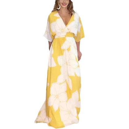 Damen Maxikleid Elegant Blumendruck Sommer Boho Stil für Freizeit und Urlaub