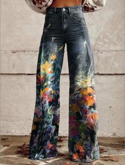 Damen Weite Boho-Jeans mit grafischem Kunst-Design und Vintage-Style, ideal für Streetwear und Festivals