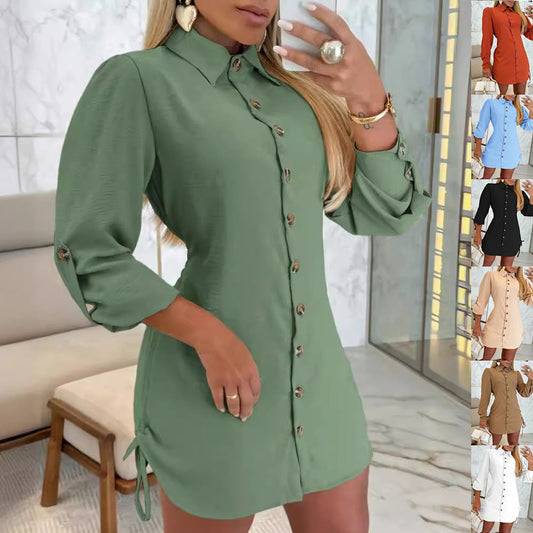 Sara – Kleid mit Reversknopf und Kordelzug-Design in einfarbigem Stoff mit langen Ärmeln