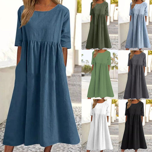 Imogen – Lässiges Damenkleid aus Baumwolle und Leinen mit kurzen Ärmeln und Taschen