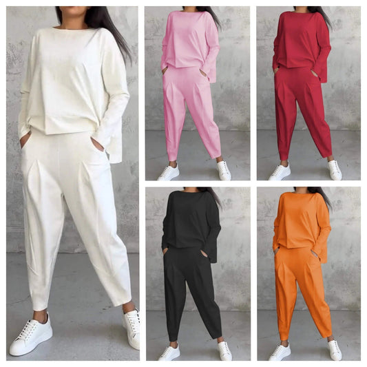 Janet – Unregelmäßiges Design Damenanzug mit Langarm-Sweater und Haremshose